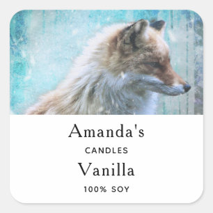 Niedlicher Furry Fox auf Blue Grunge Back Candle B Quadratischer Aufkleber