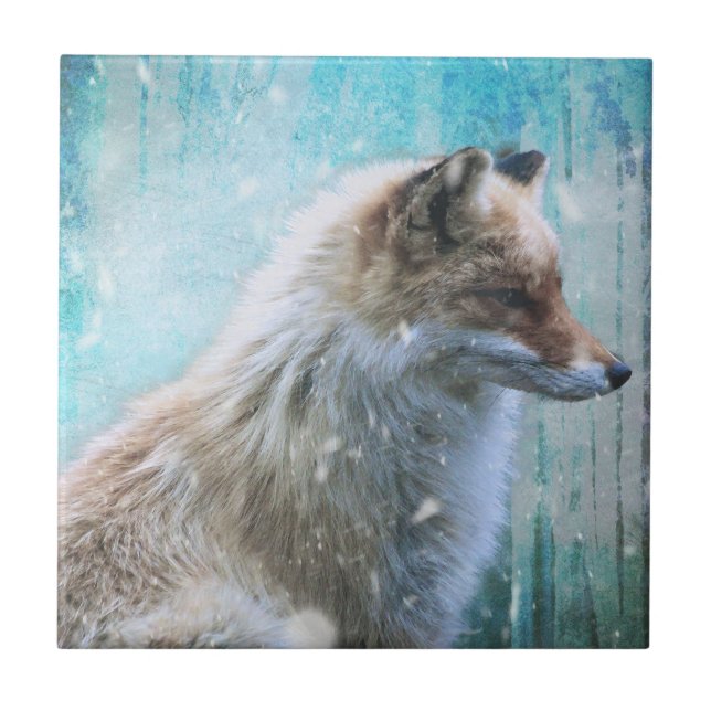 Niedlicher Furry Fox auf Blue Grunge Hintergrund Fliese (Vorderseite)