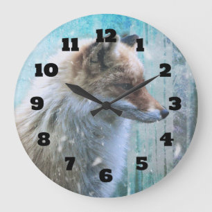 Niedlicher Furry Fox auf Blue Grunge Hintergrund Große Wanduhr