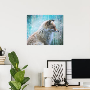 Niedlicher Furry Fox auf Blue Grunge Hintergrund Poster