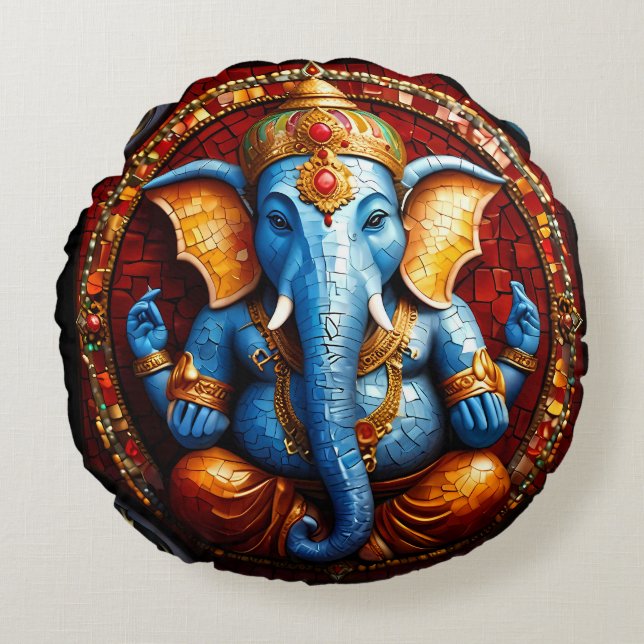 Niedlicher Ganesh Blue Elephant Rundes Kissen (Vorderseite)