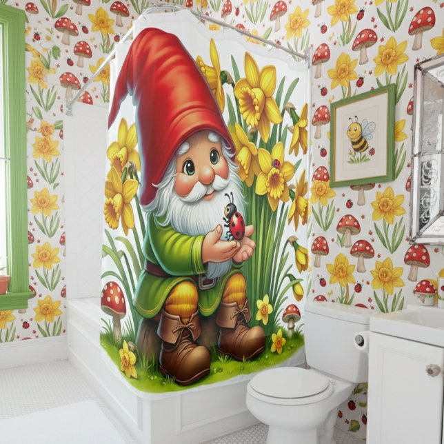 Niedlicher Garten-Gnome mit Blume Duschvorhang (Von Creator hochgeladen)