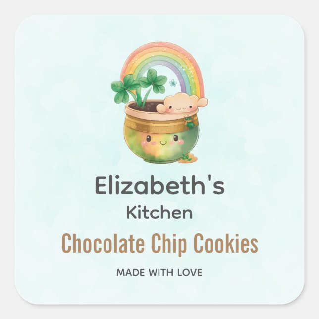Niedlicher Gartenplanter mit Regenbogen & Clover K Quadratischer Aufkleber (Vorderseite)