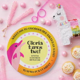 Niedlicher Geburtstag Girl Pink Dolphin in der Son Pappteller