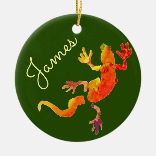 Niedlicher Gecko-Öko Watercolor Weihnachtsname Keramik Ornament (Vorne)