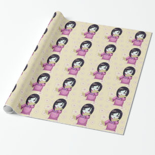 Niedlicher Geisha-RosaKimono mit silbernen Fans Geschenkpapier