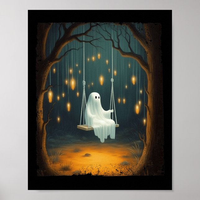 Niedlicher Geist auf Swing Fall Forest Funny Hallo Poster (Vorne)