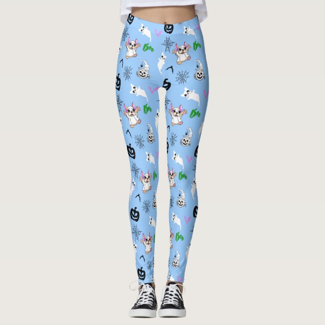 Niedlicher Geist Französisch Bulldog Kürbis Hallow Leggings (Vorderseite)
