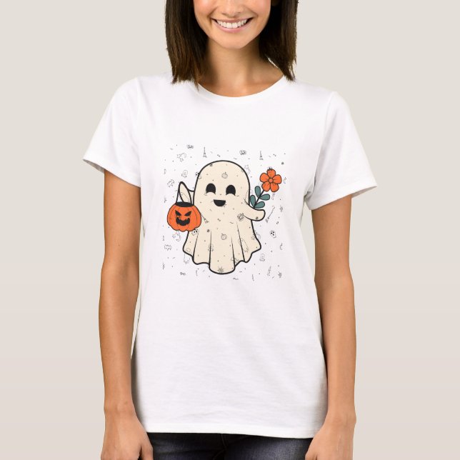 Niedlicher Geist mit Blume und Kürbiskeule Hallowe T-Shirt (Vorderseite)