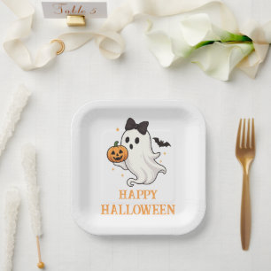 Niedlicher Geist mit Bow und Pumpkin Halloween Pappteller
