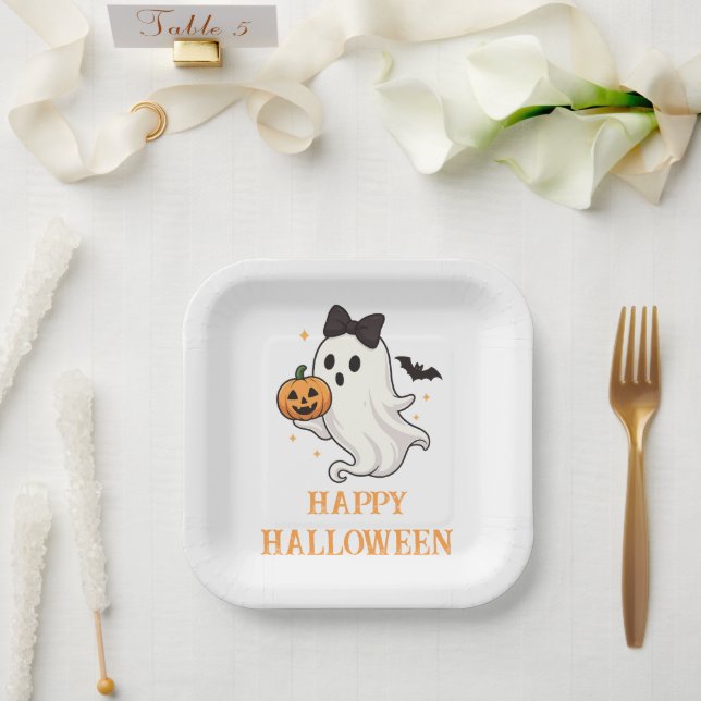 Niedlicher Geist mit Bow und Pumpkin | Halloween Pappteller (Hochzeit)