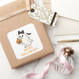 Niedlicher Geist mit Bow und Pumpkin   Halloween Quadratischer Aufkleber