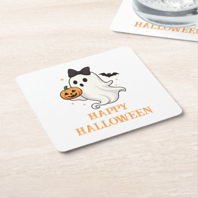 Niedlicher Geist mit Bow und Pumpkin | Halloween Rechteckiger Pappuntersetzer (angewinkelt)