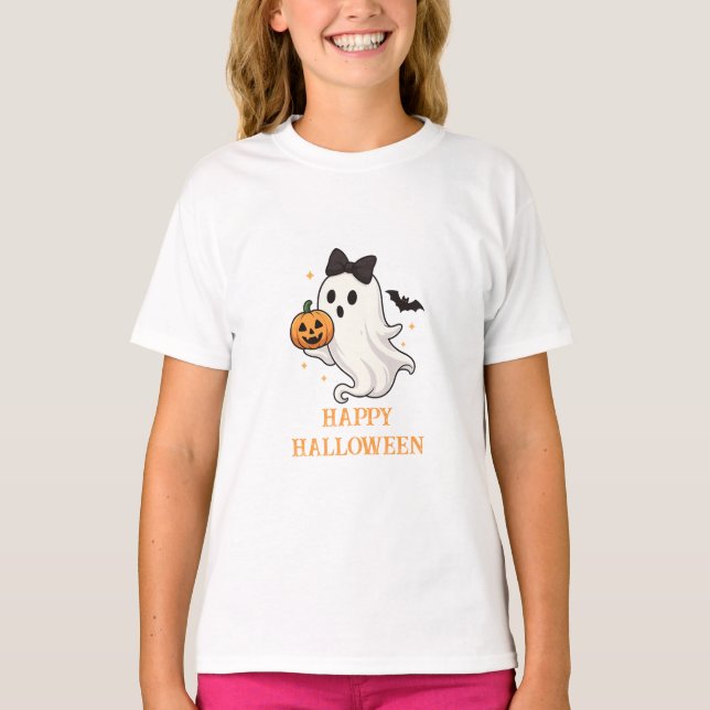 Niedlicher Geist mit Bow und Pumpkin | Halloween T-Shirt (Vorderseite)