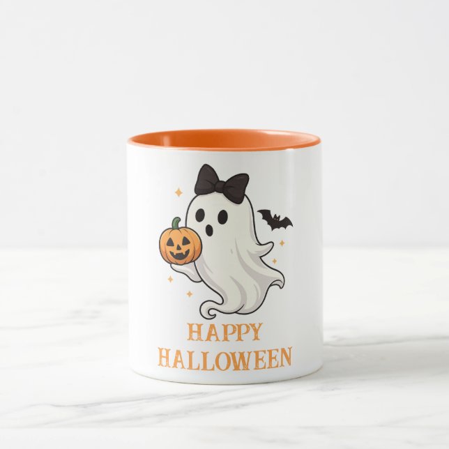 Niedlicher Geist mit Bow und Pumpkin | Halloween Tasse (Zentrum)