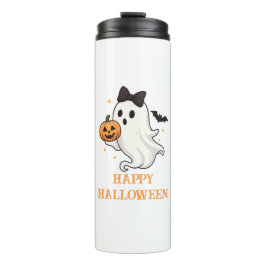 Niedlicher Geist mit Bow und Pumpkin | Halloween Thermosbecher