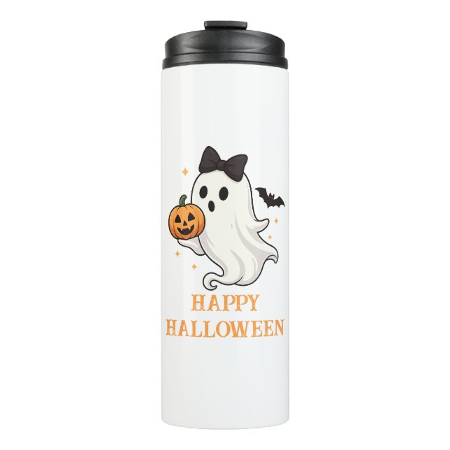 Niedlicher Geist mit Bow und Pumpkin | Halloween Thermosbecher (Vorderseite)