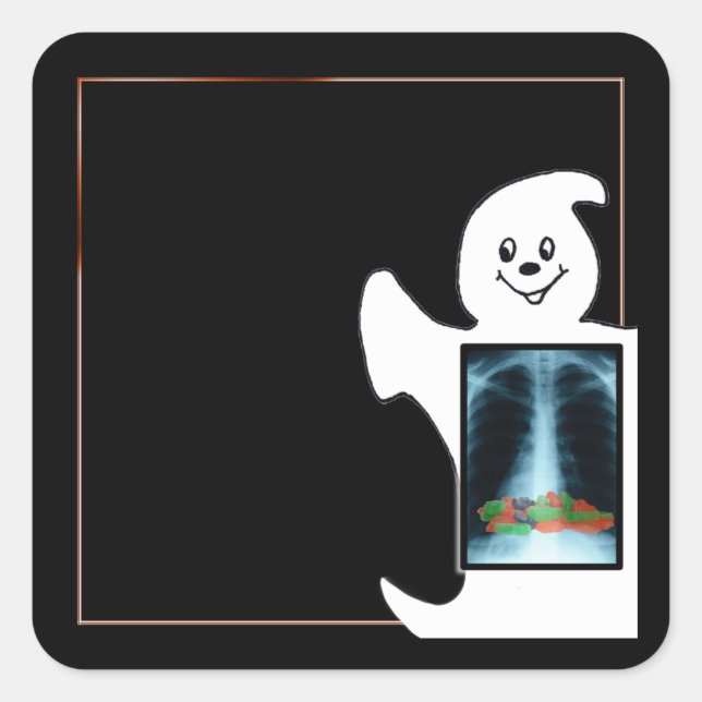 Niedlicher Geist mit Candy Halloween Quadratischer Aufkleber (Vorderseite)