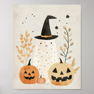 Niedlicher Geist mit Jack-o-Laternen Halloween Kin Poster