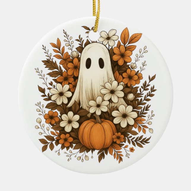 Niedlicher Geist mit Pumpkin & Fall Blume - Hallow Keramik Ornament (Vorne)