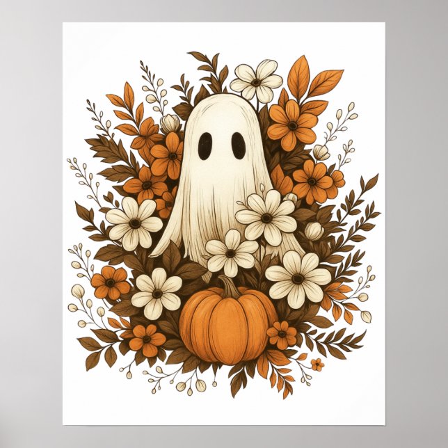 Niedlicher Geist mit Pumpkin & Fall Blume - Hallow Poster (Vorne)