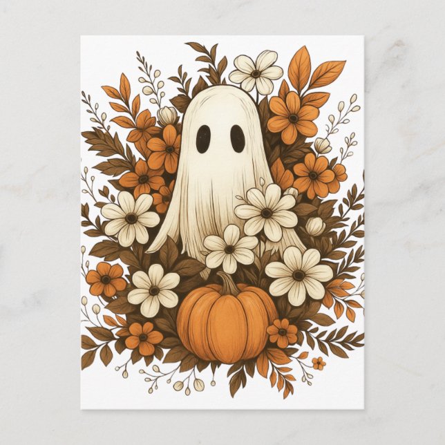 Niedlicher Geist mit Pumpkin & Fall Blume - Hallow Postkarte (Vorderseite)