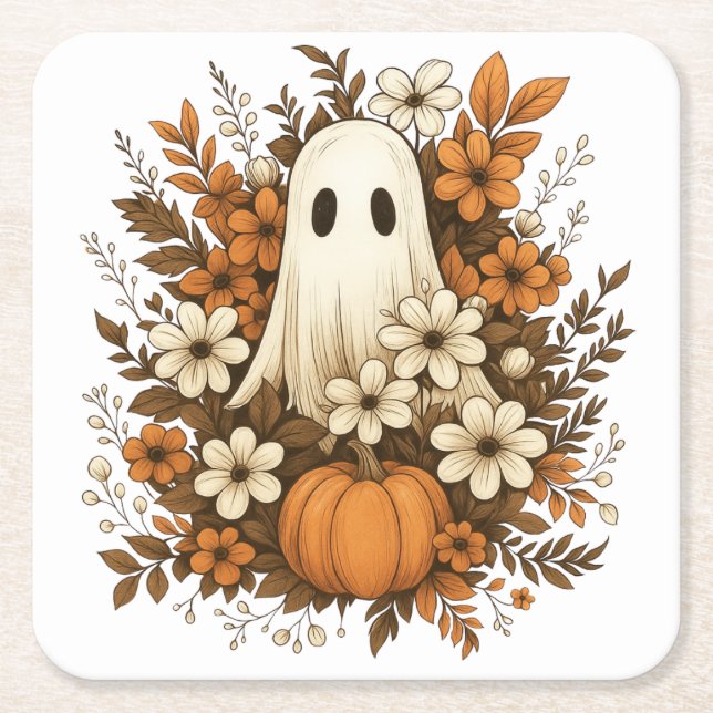 Niedlicher Geist mit Pumpkin & Fall Blume - Hallow Rechteckiger Pappuntersetzer (Vorderseite)