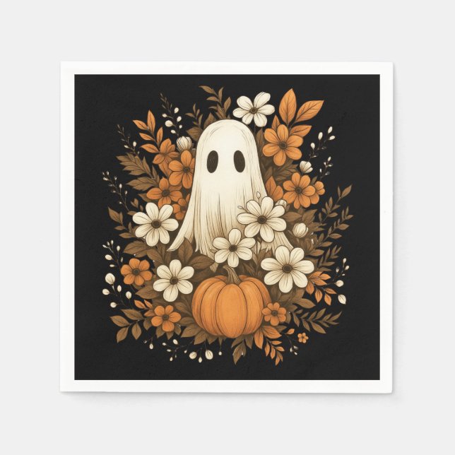 Niedlicher Geist mit Pumpkin & Fall Blume - Hallow Serviette (Vorderseite)