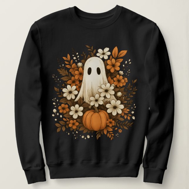 Niedlicher Geist mit Pumpkin & Fall Blume - Hallow Sweatshirt (Design vorne)