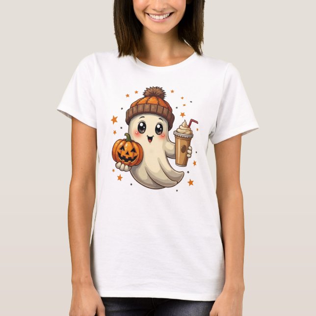 Niedlicher Geist mit Pumpkin & Kaffee Halloween T  T-Shirt (Vorderseite)