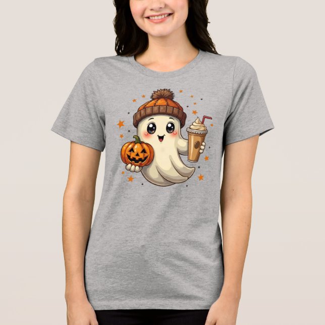 Niedlicher Geist mit Pumpkin & Kaffee Halloween T  Tri-Blend Shirt (Vorderseite)