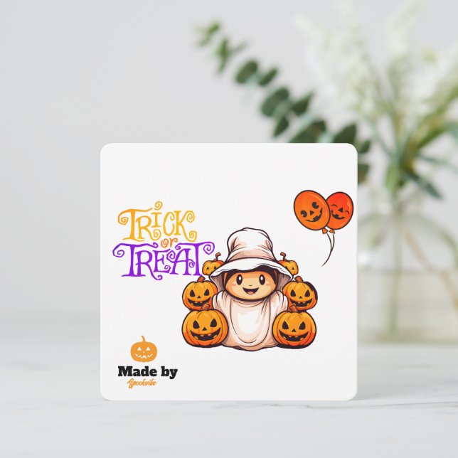Niedlicher Geist mit Pumpkins Trick oder Treat Hal Einladung (Stehend Vorderseite)