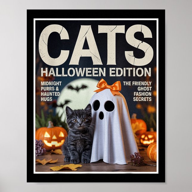 Niedlicher Geist und schwarze Katze Funny Hallowee Poster (Vorne)