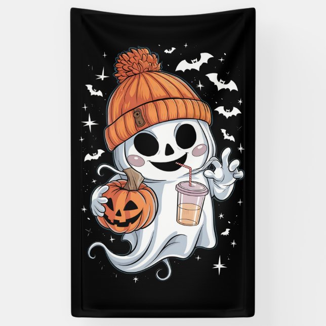 Niedlicher Geistertrinkkaffee zu Halloween-Eiskaff Banner (Vertikal)