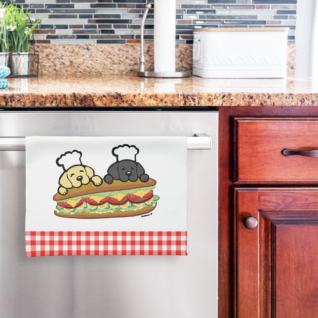 Niedlicher Gelbe Labrador Black Lab Cartoon Sandwi Geschirrtuch (Yellow Lab Black Lab Sandwich Kitchen Towel for Labrador Owners.  Personalized Lab Cartoon design.)