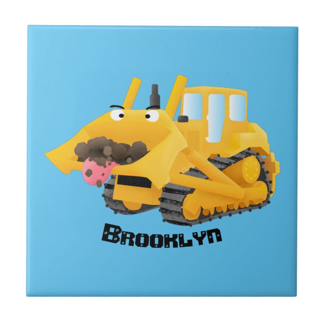 Niedlicher gelber Bulldozer-Comiczeichner Fliese (Vorderseite)