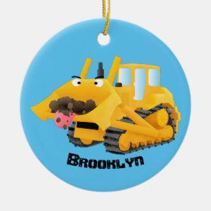 Niedlicher gelber Bulldozer-Comiczeichner Keramik Ornament