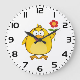 Niedlicher gelber Cartoon-Küken mit Blume Große Wanduhr