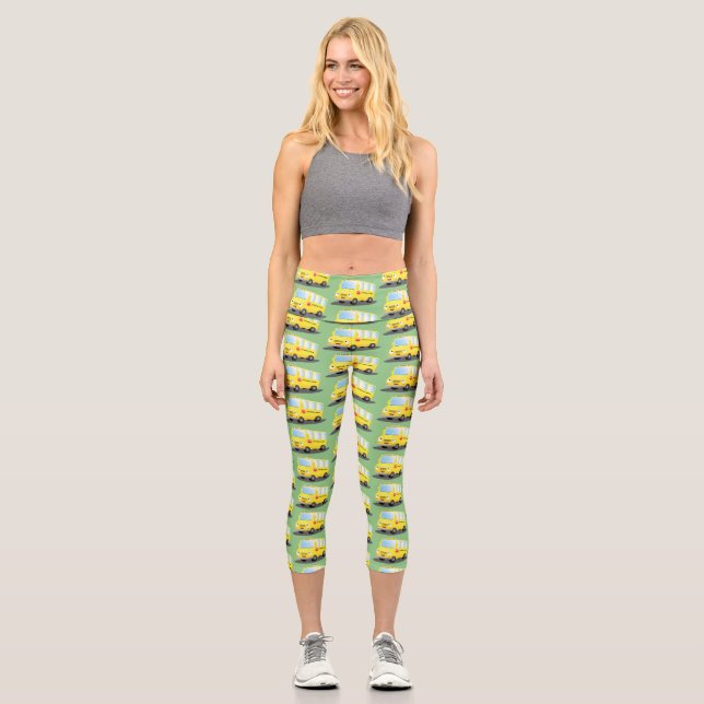 Niedlicher Gelber Schulbus-Cartoon Capri Leggings (Vorderseite)