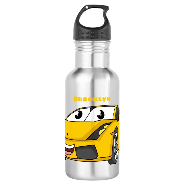 Niedlicher Gelber Sportwagen Cartoon Edelstahlflasche (Vorderseite)