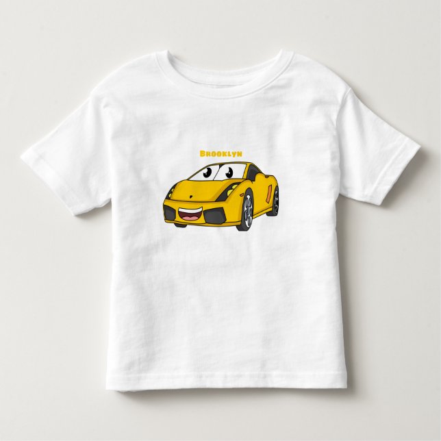 Niedlicher Gelber Sportwagen Cartoon Kleinkind T-shirt (Vorderseite)
