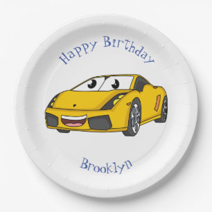 Niedlicher Gelber Sportwagen Cartoon Pappteller