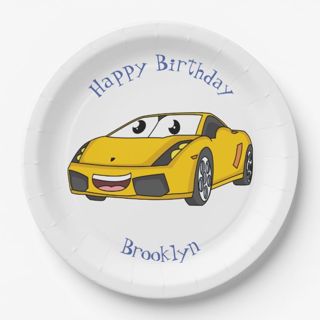 Niedlicher Gelber Sportwagen Cartoon Pappteller (Vorderseite)