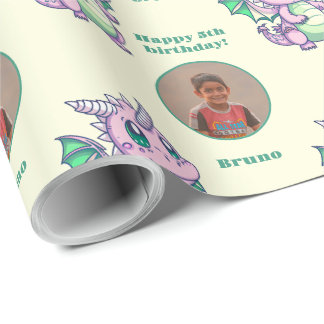 Niedlicher Gelbgrüner Chibi Dragon Custom Foto Tex Geschenkpapier