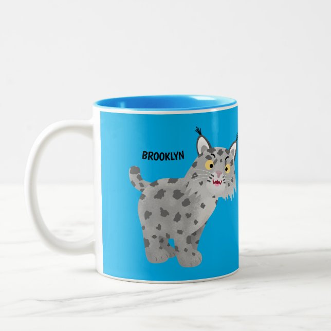 Niedlicher gemeiner Bobcat-Luchs-Cartoon Zweifarbige Tasse (Links)