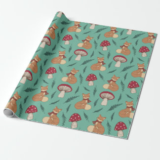 Niedlicher, gemütlicher Fox mit Pilzen. Türkis. Geschenkpapier