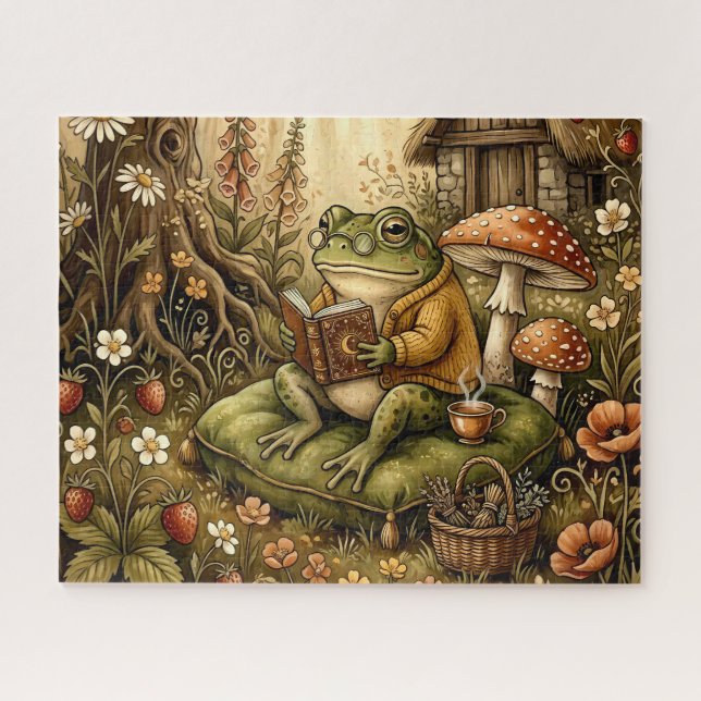 Niedlicher gemütlicher Garten Lesefrosch Puzzle (Horizontal)