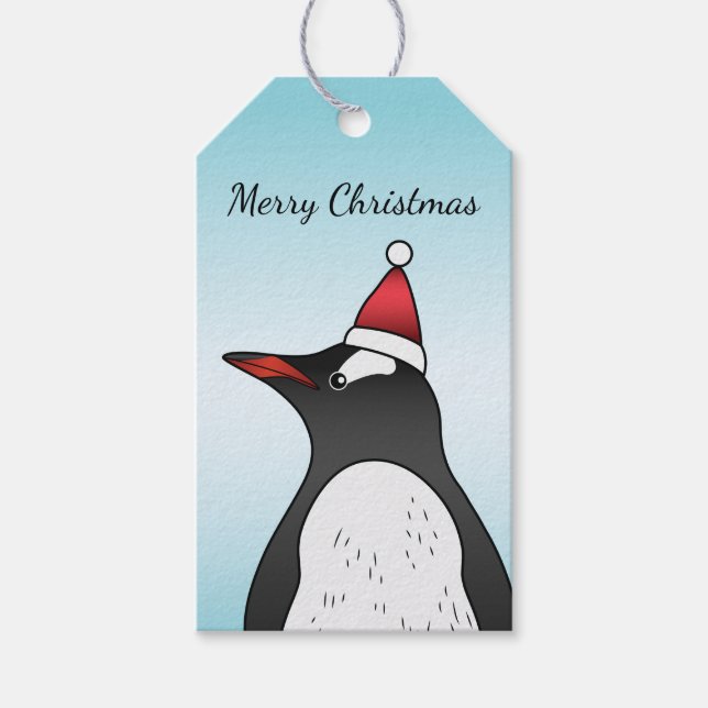 Niedlicher Gentoo Pinguin mit einer Weihnachtsmann Geschenkanhänger (Vorderseite)