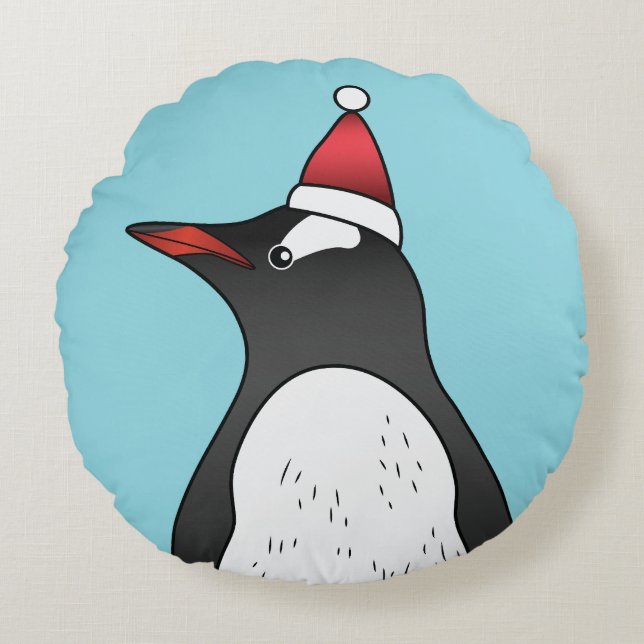 Niedlicher Gentoo Pinguin mit einer Weihnachtsmann Rundes Kissen (Vorderseite)