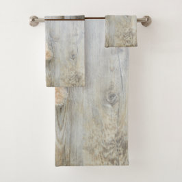 Niedlicher gepolsterter Bär Rustikale Holzwand Badhandtuch Set